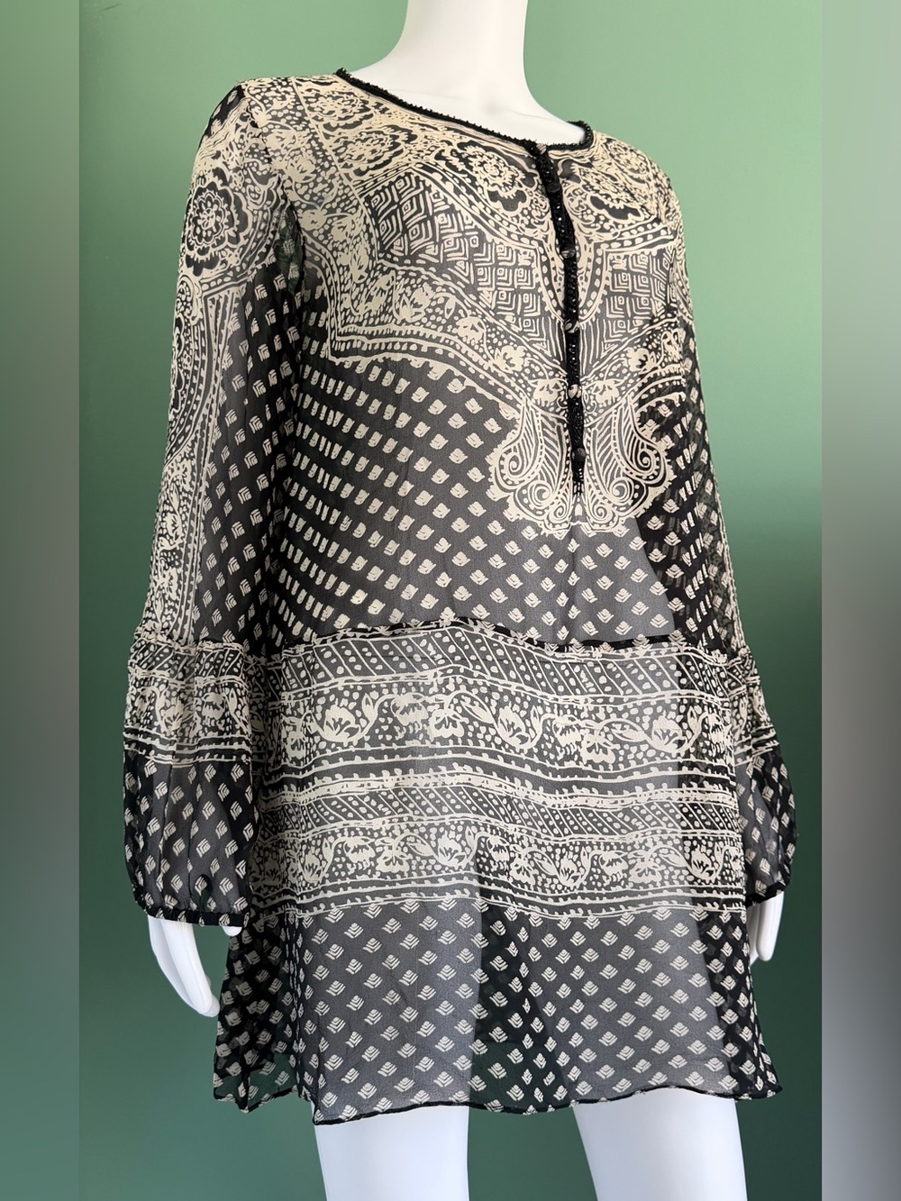 Calypso St. Barth Sheer Black & Cream Paisley Silk Tunic Blouse